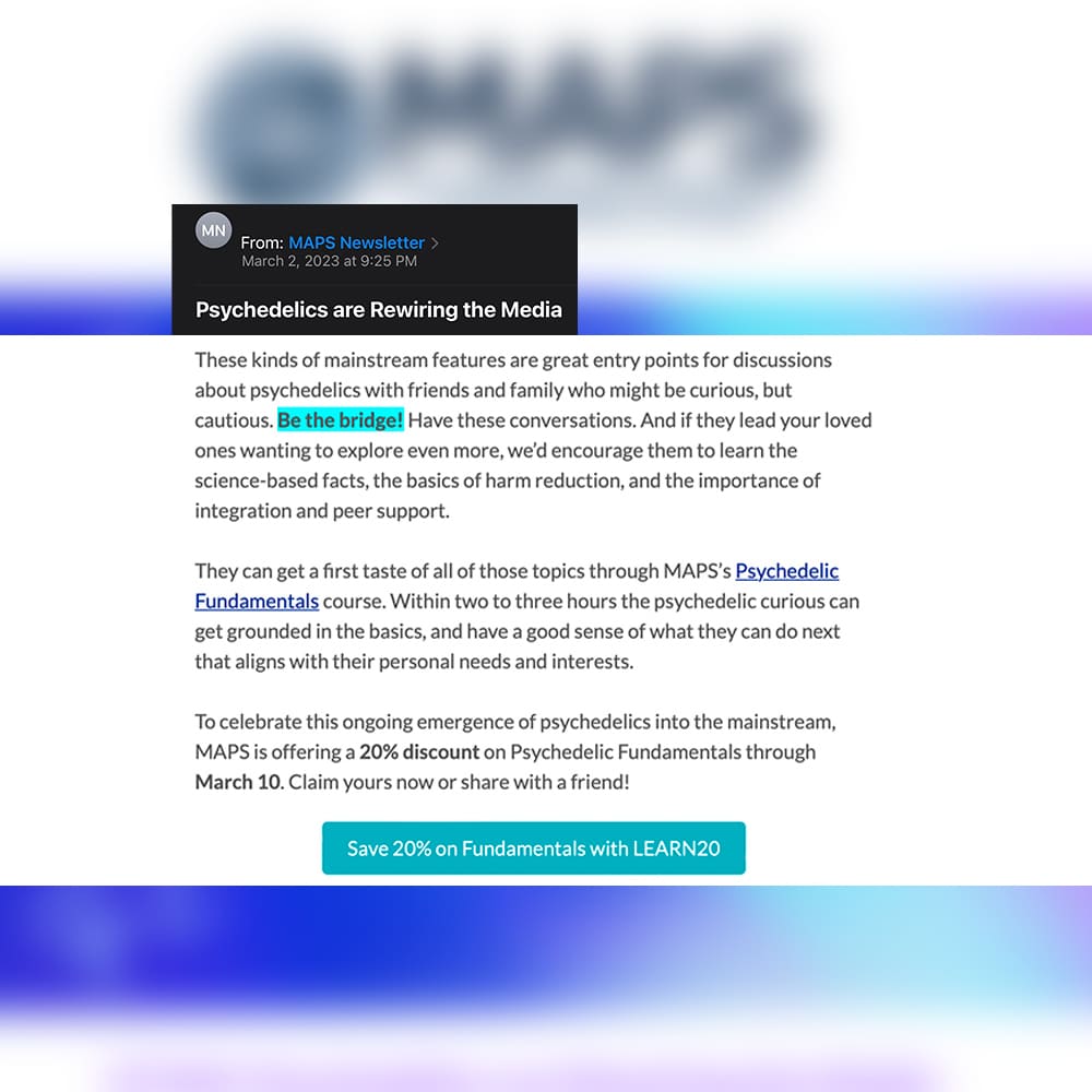 Email from the MAPS Newsletter using the Last Week Tonight segment on psychedelic assisted therapy to sell their courses.